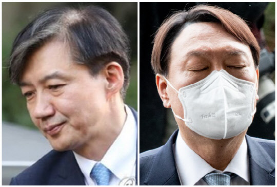 조국(왼쪽) 전 법무부 장관과 윤석열 전 검찰총장. 디지털타임스 DB, 연합뉴스